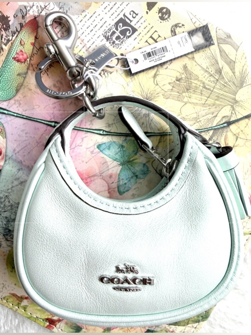 Coach Mini Carmen Bag Charm Pearlized Baby Green Leather